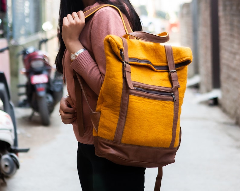 38x43cm Felt Bag In Green and Yellow Color with Leather and Zipper Spacious Bag Pack Pattern Bag : Ethically Handmade image 2