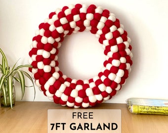 Red and White Wreath | Candy Cane Wreath | Wool Pom Pom Wreath | Felt Holiday Wreath | Wool Felt Ball Wreath | Christmas Felt Wreath