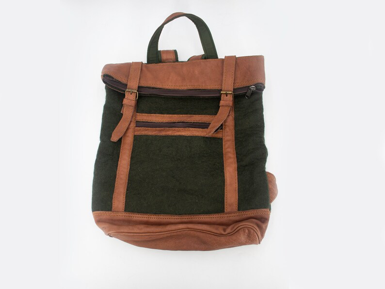 38x43cm Felt Bag In Green and Yellow Color with Leather and Zipper Spacious Bag Pack Pattern Bag : Ethically Handmade image 5