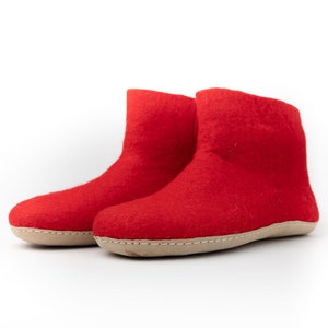 Red Handmade Wool Felted Slipper Boot with Suede Soles for Men and Women
