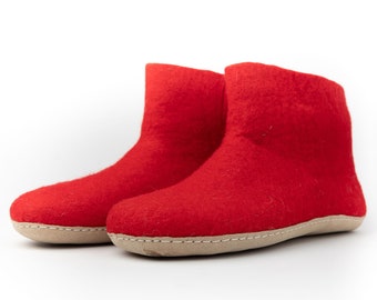 Red Handmade Wool Felted Slipper Boot with Suede Soles for Men and Women