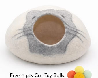 50cm Wool Felt Whiskers Design Cat Bed, Felt Cat Cave Handmade with Fair Trade