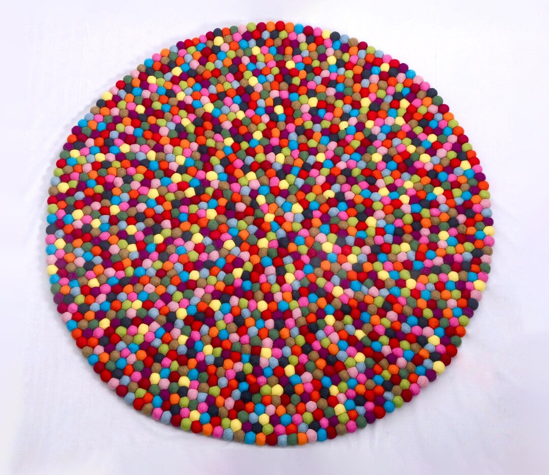 Golden Rug Pom Multicolored Round Wool Pom Pom Rug | Handmade and Free Shipping - Etsy