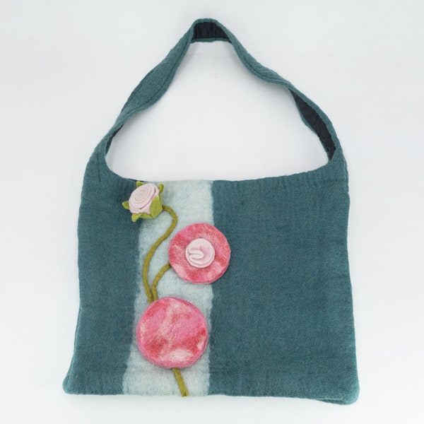 42 x 43cm Wool Felt Teal Hand Bag Hand Felted Shoulder Wool Handbags: Fair Trade and Ethically Handmade