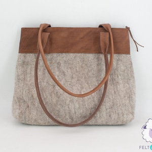 Graue Filzhandtasche mit braunem Leder und Reißverschluss | Filz gemütliche Handtasche | Damen-Einkaufstasche für Frau | Umhängetasche
