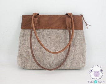 36x30cm Felt Bag with Leather and Zipper  Satchel Pattern Bag  : Fair Trade and Ethically Handmade