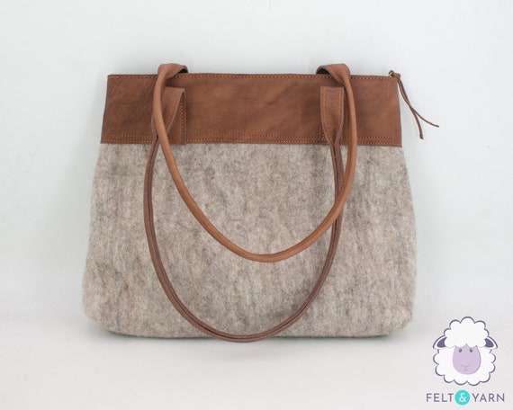 Grijze vilten handtas met bruin leer en ritssluiting Vilten gezellige handtas Damesdraagtas voor vrouw Crossbodytas Etsy Nederland
