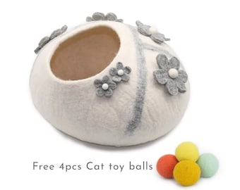 Cama para gatos con diseño de pétalos de fieltro de lana de 50 cm, casa para mascotas de lana, casa para gatos de lana hecha a mano, cueva para gatos con diseño de flores