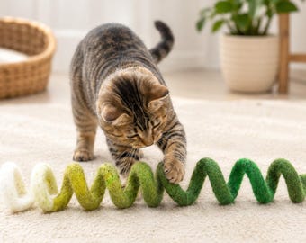 Spiraalvormig kattenspeeltje van wolvilt | Handgemaakt interactief speelgoed