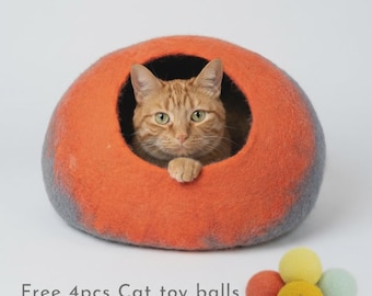 Orange & Grey Wool Felt Cat Bed, Eco-Friendly Cat House (50cm)