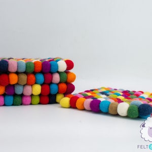 Multicolor Square Felt Pom Pom Trivet | Absorbent Trivets for Table | Housewarming Gifts for Mom