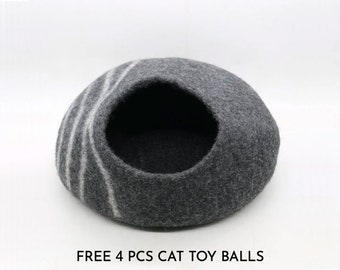 50cm Natural Grey Cat Bed House, Wool Cat Cave Cocoon, Handmade Pet Bed