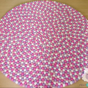 Pink and White Felt Ball Rug | Handmade Felt Pom Pom Carpet for Living Room, Bedroom, and Kids Decor | Round Cozy Foot Rugs