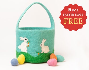 Cesta de Pascua para niños de fieltro de lana con conejito / Cesta personalizada de búsqueda de huevos de Pascua para niños y niñas / Regalos de Pascua