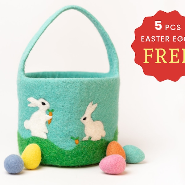 Wool Felt Kids Easter Basket with Bunny | Personalized Easter Egg Hunt Basket for Boys and Girls | Easter Gifts