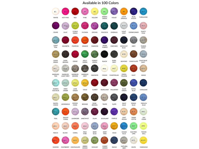 Pu&ograve; includere: Una tabella che mostra 100 colori diversi di palline di feltro, ogni colore &egrave; numerato ed etichettato con il suo nome. Disponibile in 100 colori.