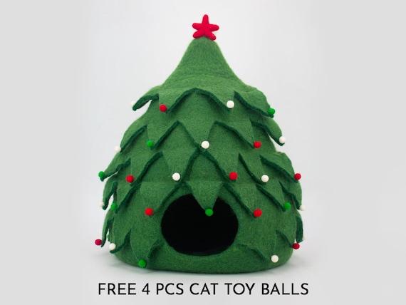 40cm Wool Felt Christmas Tree Cat Cave Holiday Hand Felted Cat Bed