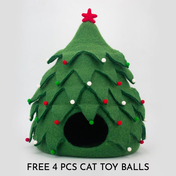 40cm Wool Felt Christmas Tree Cat Cave Holiday Hand Felted Cat Bed For Pet House Decor: 100% Wool and Ethically Handmade