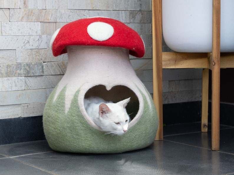 Wool Felt Mushroom Cat Cave Premium Cat Bed Kitty Bed Felt Cat House Fair Trade 100% Wool and Handmade image 4