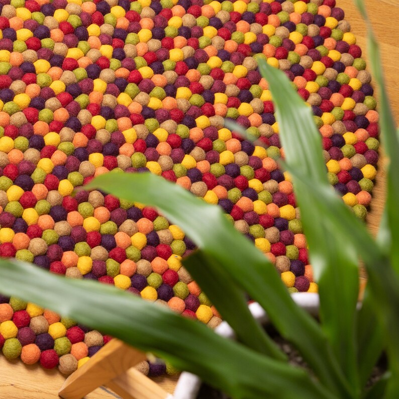 May include: A round, colorful rug made of felt balls in shades of yellow, orange, red, green, brown, and purple. The rug is made up of a pattern of circles.
