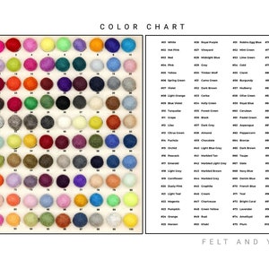 May include: Color chart with 100 felt balls in various colors, numbered 1 to 100. Each color is labeled with a number and a color name. The chart is titled "Color Chart" and "Felt and Yarn".