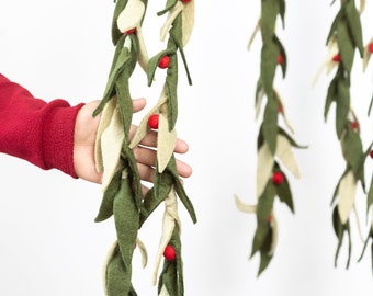 6ft Multi Green Leaf Garland with Red Pom Poms | Garland For Mantle | Nursery Garland | Garland For Home Decor | Boho Garland