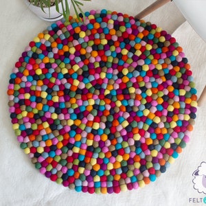 Natural Felt Multicolor Round Pom Pom Carpet, 100% Wool, Rug Perfect for Nursery Room, Bedroom, and Living Room, Handmade & Fair Trade