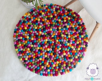 Natural Felt Multicolor Round Pom Pom Carpet, 100% Wool, Rug Perfect for Nursery Room, Bedroom, and Living Room, Handmade with Fair Trade