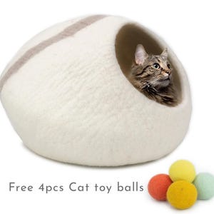 50cm Soft Handmade Wool Felt Cat Cave House | Modern White and Brown Striped Pet Supplies