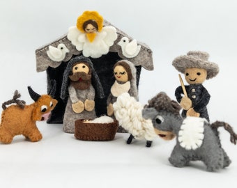 Vintage Nativity Set Handmade Natural Wool Felted Nativity set of 7 for Christmas Decor: Certified Fair Trade and Handmade