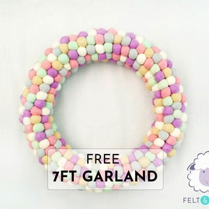 Wool Felt Ball Wreath Pastel Hand Felted Pom Pom Ball Made Round Wreath Door Decorations: Fair Trade & Ethically Made in Nepal