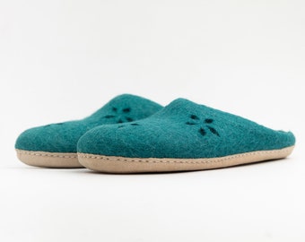 Blue Wool Felt Unisex Slippers with Flower Design Suitable for All Seasons