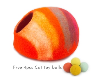 May include: Orange, yellow, and pink felt cat bed shaped like a dome with a hole for entry.  Free 4pcs Cat toy balls.