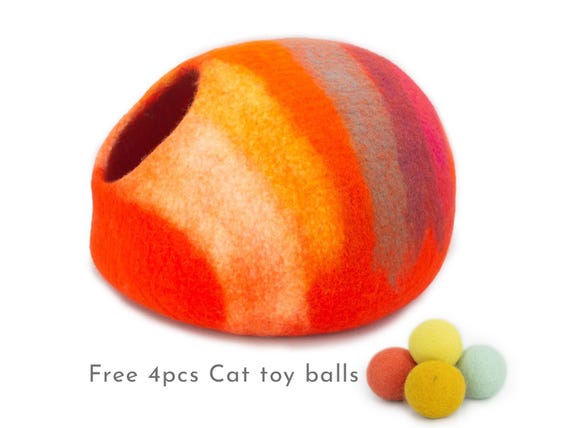 Felted Wool Cat Cave Bed: Handmade Sunrise Design, 50cm