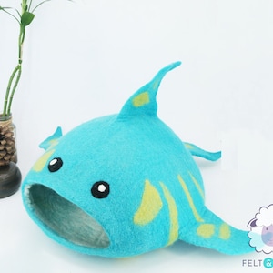 55cm Wool Felt Shark Cat Cave | Felted Cozy Cat Bed | Kitty Bed | Felt Cat House | Fair Trade | 100% Wool and Handmade  |