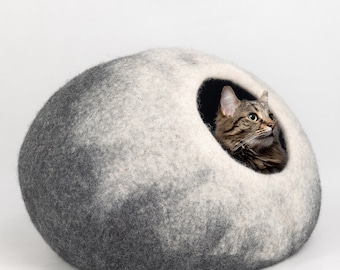 Grand lit pour chat dégradé en feutre de laine de 50 cm et grotte pour chat, cocon en laine fait à la main pour chat