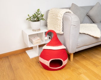 Felt Santa Claus Hat Cat House | Modern Cat House | Large Cat Bed | Cat Lovers Gift | Cute Felted Cat Bed | Felt Cat Cave | Felt Cat Bed