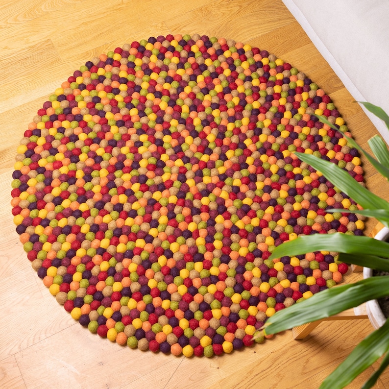 Vibrant Boho Wool Felt Ball Rug | Handmade Pom Pom Floor Decor | Wool Pom Pom Rugs For Living Room, Bedroom | Cozy Foot Rugs