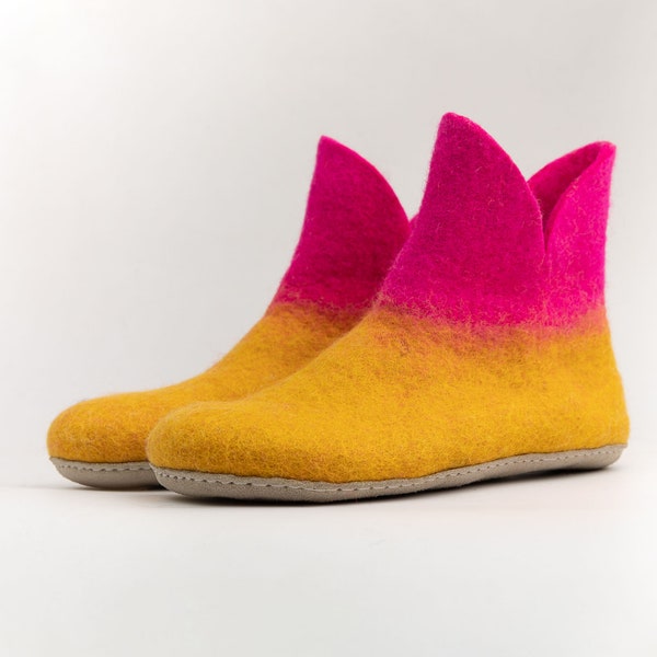 Pink and Yellow Felted Woolen Full Boots Indoor Warm Unisex Shoes