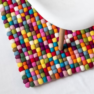 Vibrant Rectangular Wool Felt Ball Rug - Perfect for Kids&#39; Rooms & Modern Living Spaces - Colorful Pom Pom Rugs - Cozy Underfoot Rug