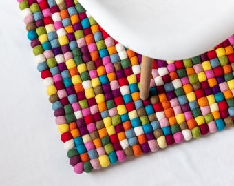 Multicolored Wool Felt Ball Rectangular Rug, Best for Bedroom, Kids Nursery and Living Room, Modern Pom Pom Rug, Rainbow Felt Rug