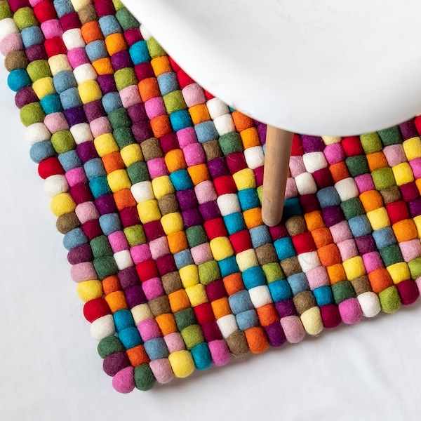 Multicolored Wool Felt Ball Rectangular Rug, Best for Bedroom, Kids Nursery and Living Room, Modern Pom Pom Rug, Rainbow Felt Rug