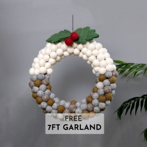 White, Gray and Brown Felt Pom Pom Wreath for Holiday Christmas Door Decorations