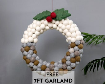 White, Gray and Brown Felt Pom Pom Wreath for Holiday Christmas Door Decorations