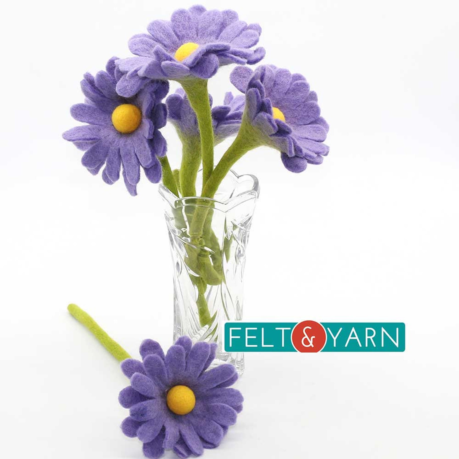 30cm Stem Wool Felt Flower With Purple Petals Hand Felted Etsy