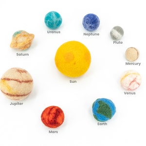 May include: A felt solar system model with the sun and planets, including Uranus, Neptune, Pluto, Mercury, Venus, Earth, Mars, Jupiter, and Saturn. Each planet is a different color and labeled with its name.
