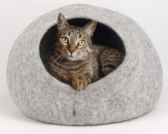 50cm Wool Felt Natural Cat Bed, Felted Cat Cocoon Handmade House