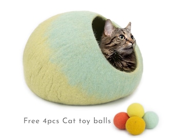 Cama para gatos de fieltro degradado de 50 cm con 4 pelotas de juguete para gatos de regalo, casa para gatos de lana hecha a mano