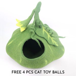 50cm Wool Felt Pumpkin Cat Cave | Felted Green Cat Bed | Kitty Bed | Felt Cat House | Fair Trade | 100% Wool and Handmade  |