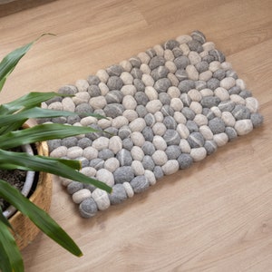 Wool Felt Pebble Rug Perfect for Living Room, Handmade Natural Bed Room & Nursery Mat, Bathroom Stone Pom Pom Rug: Fair Trade